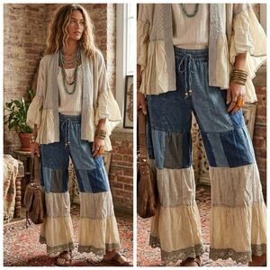 Boho Patchwork Wide Leg Crochet Trim Pants - Cream & Denim